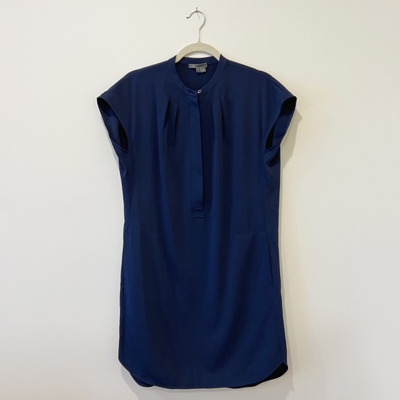 Vince Popover Shift Tunic Hi Low Mini Dress Cap Sleeves Navy Blue S - Picture 2 of 6